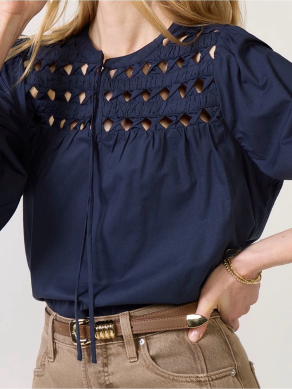Evereve Daisy Cutwork Blouse - Navy Cutout Yoke Long-Sleeve Blouse - Picture 1 of 5